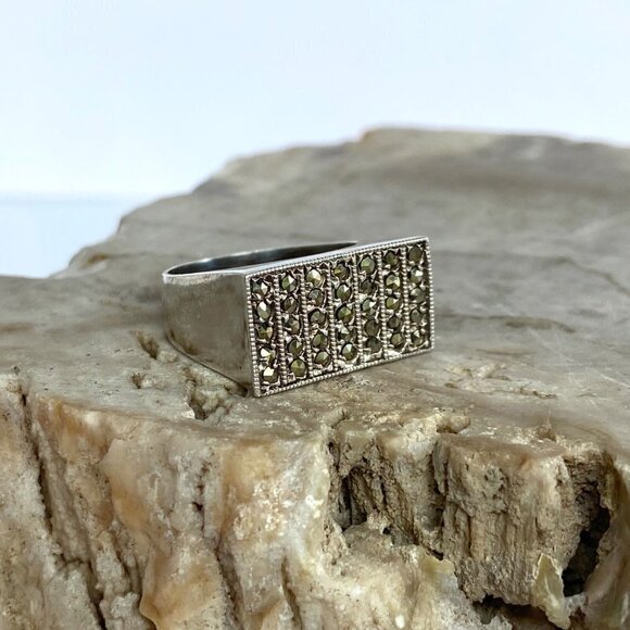 VTG Sterling Silver 925 7 Row Marcasite Rectangular Wide Band Ring Sz 5.5 - Picture 12 of 16